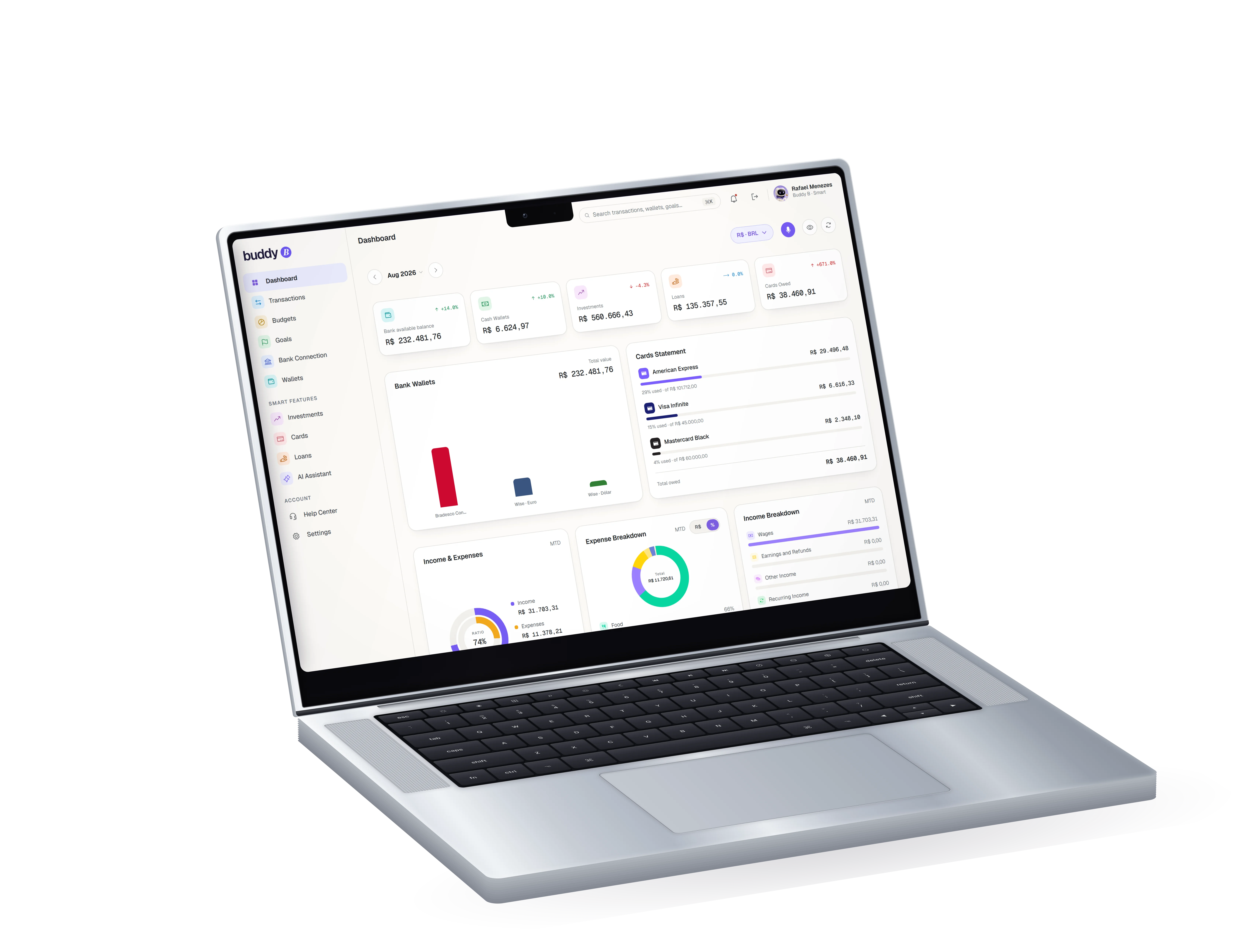 The Buddy B dashboard in the light theme on a MacBook Pro, showing balances, wallets and charts together