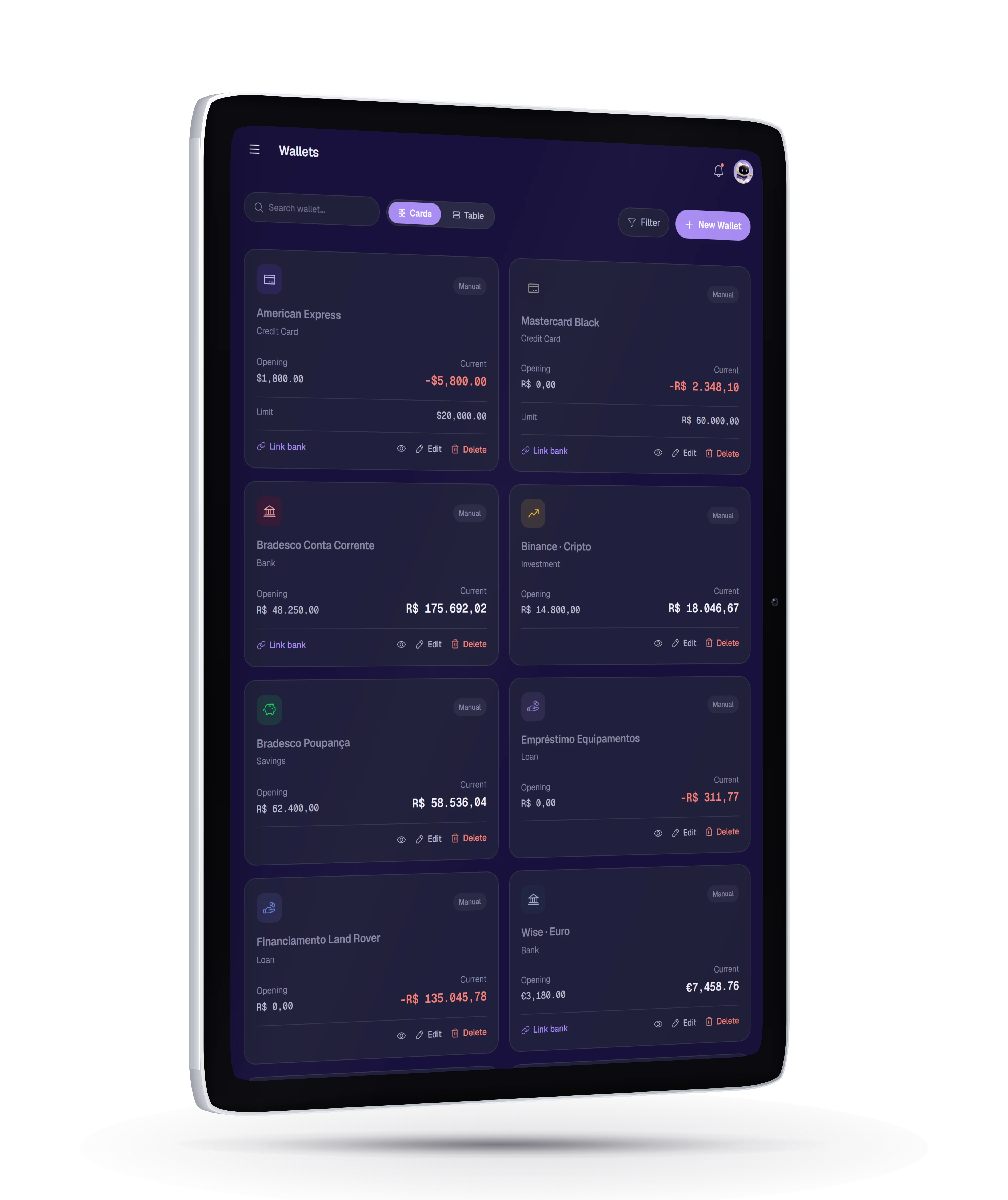 Wallets held in several currencies side by side on iPad