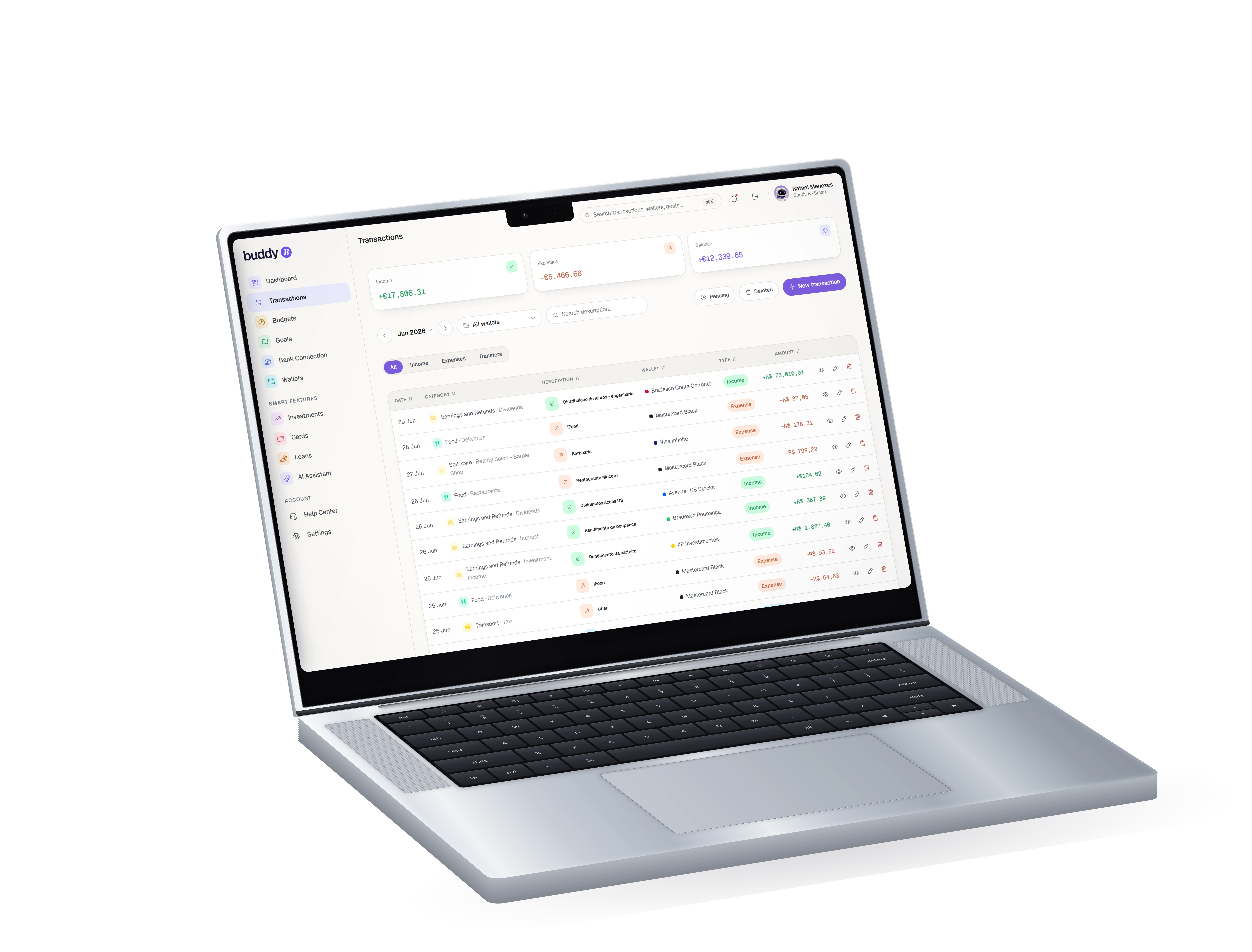 Transactions for June listed in the light theme on a MacBook Pro